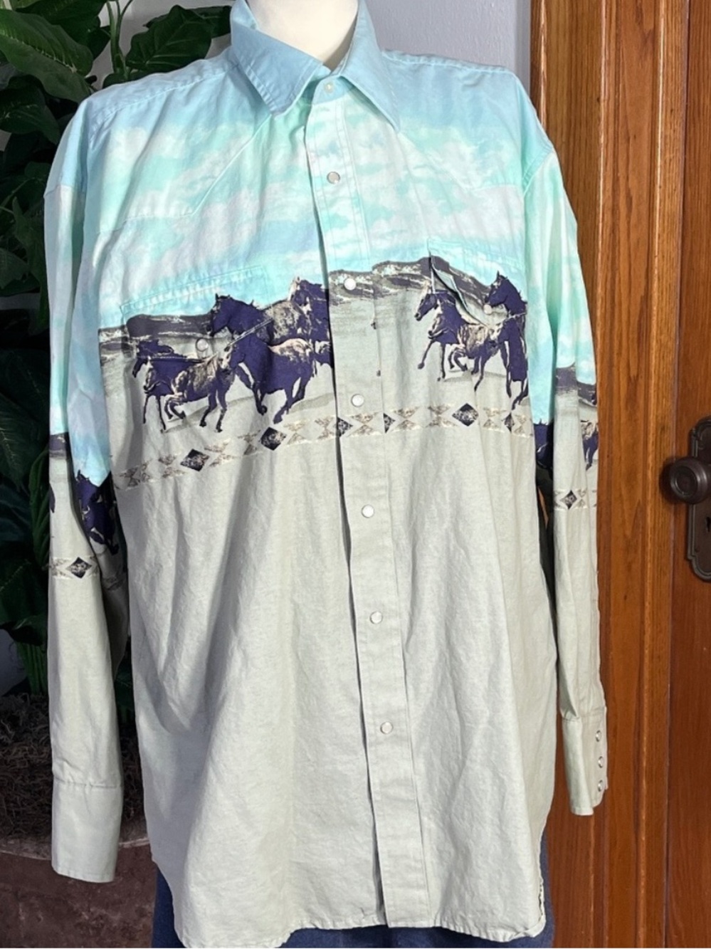 Vintage Wrangler Western Shirt XL Horses Pearl Snap Horses Cowboy POCKETS Men's